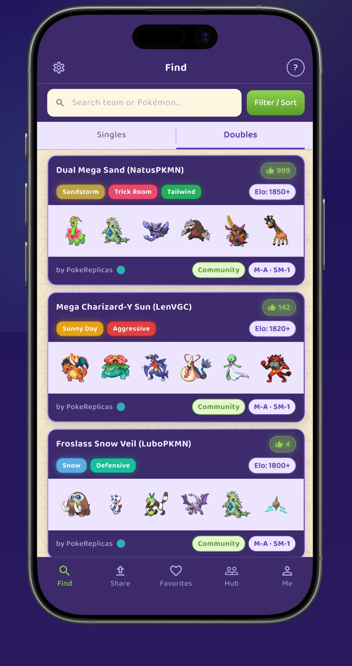 PokeReplicas Find screen showing replica teams