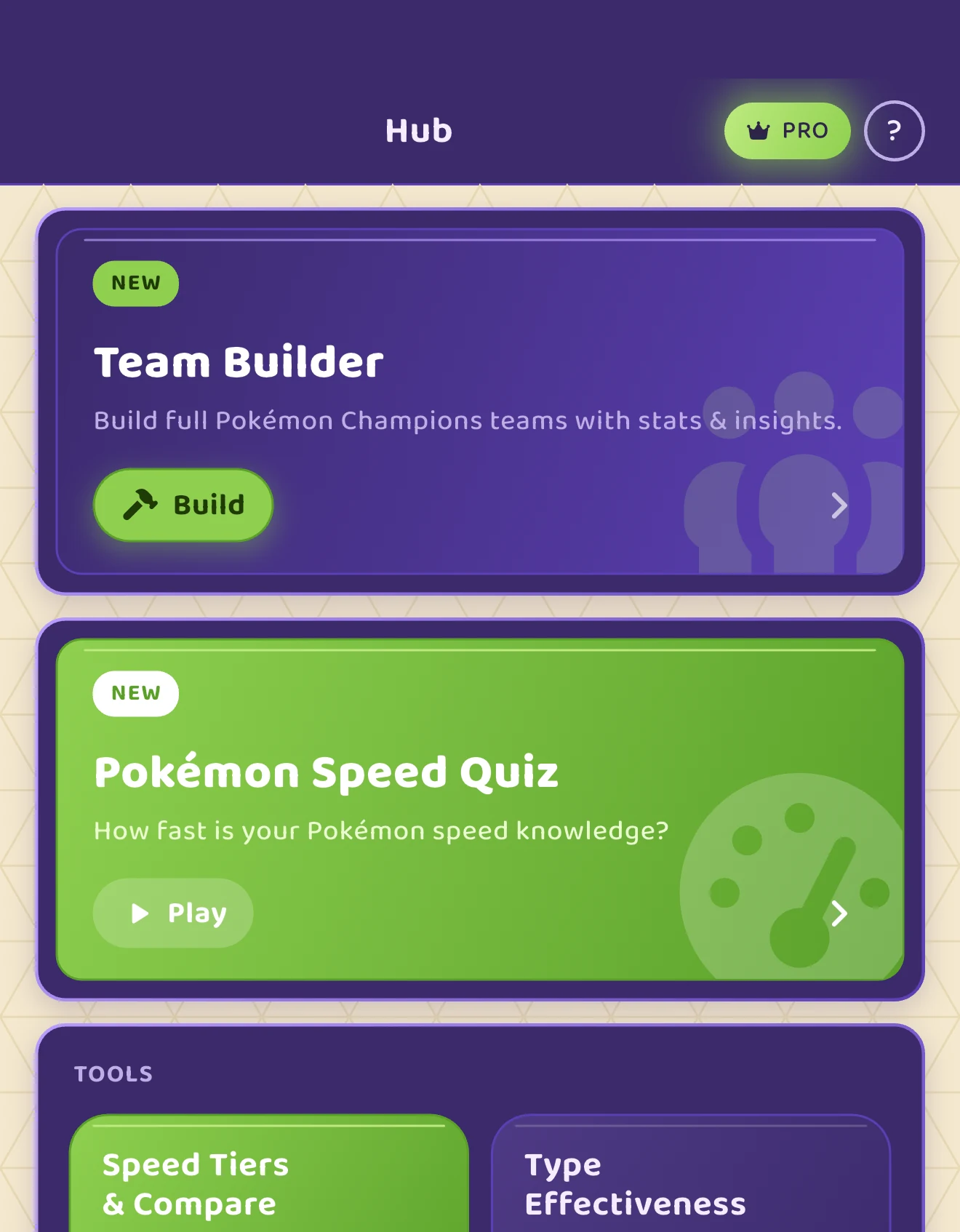 The app Hub with the new Team Builder and Speed Quiz cards plus a tools grid