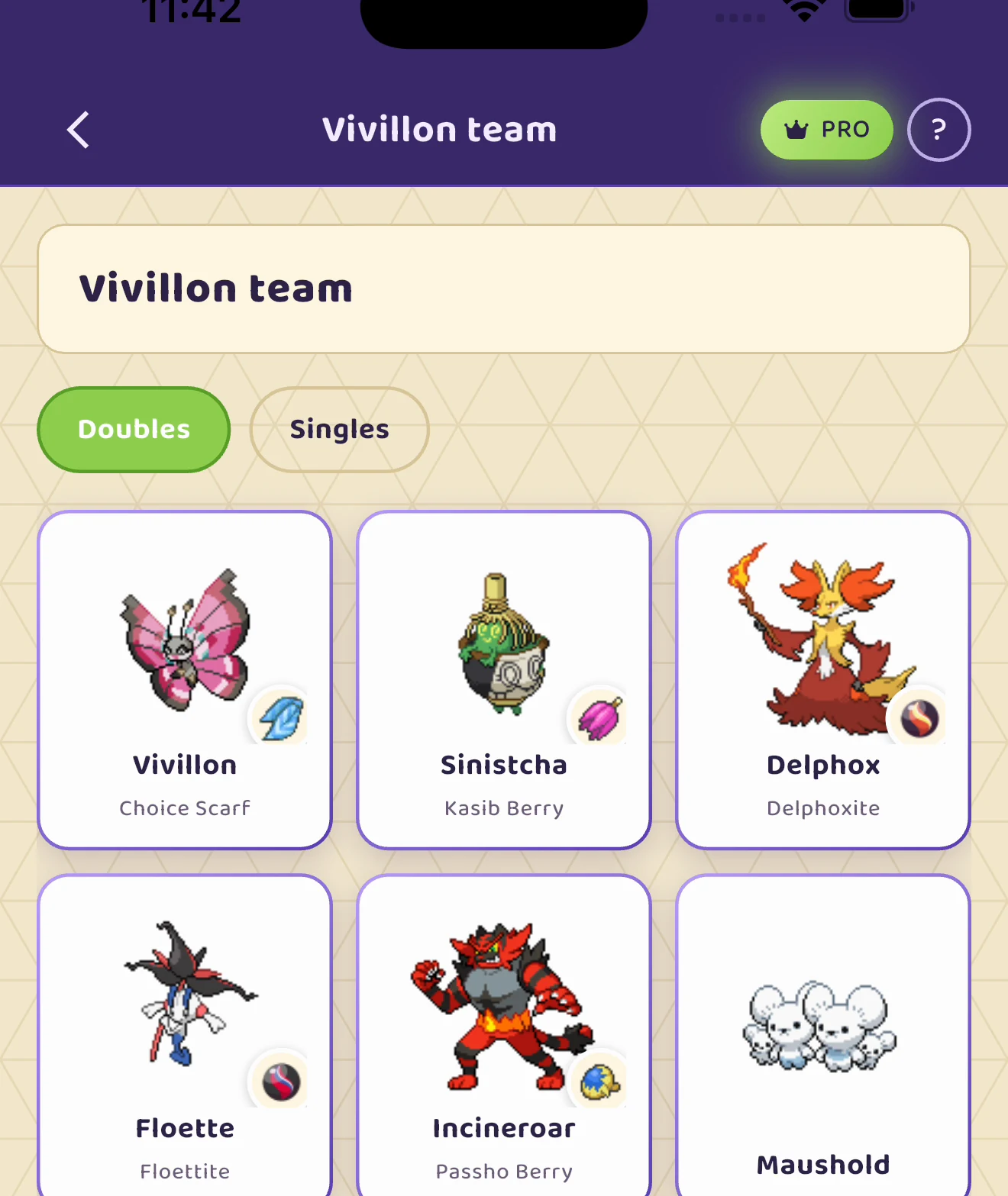 The in-app Team Builder showing a six-Pokémon team with live type coverage and weaknesses