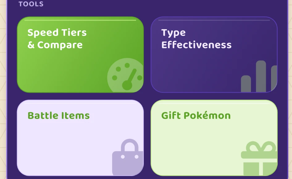 The in-app tools: speed tiers, type effectiveness, items and gifts
